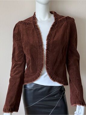 VTG Bebe brown corduroy unlined bolero jacket with ruffle cuff & front